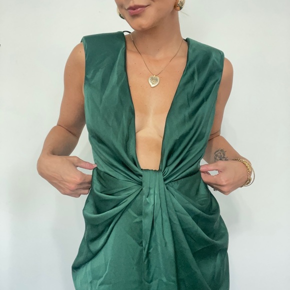 Plunging Neckline Satin Sexy Ruched Cinched Draped Tulip Open Back Midi Dress - Picture 2 of 9